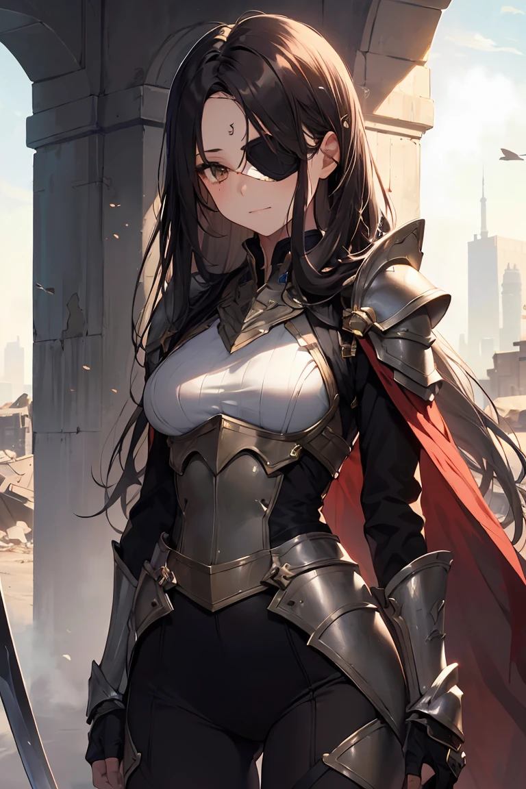 ((absurdres absolutely resolution, Masterpiece,Best quality,Ultra-detailed)), beautifull detailed face, detailled eyes, looking away, (((girl wears eyepatch on left eye))), End of the century worldview, 1 girl Looks about 15 years old, short, (((small breast))), Perfect Fingers, cute face, happy face, Brown eyes, black hair, long hair, (She has her bangs down), Silver Armor, Gauntlet, ((Thighs, no sleeve)), Leggers, In the ruined city, The dust rises, dim, carry a sword on one's waist, upright