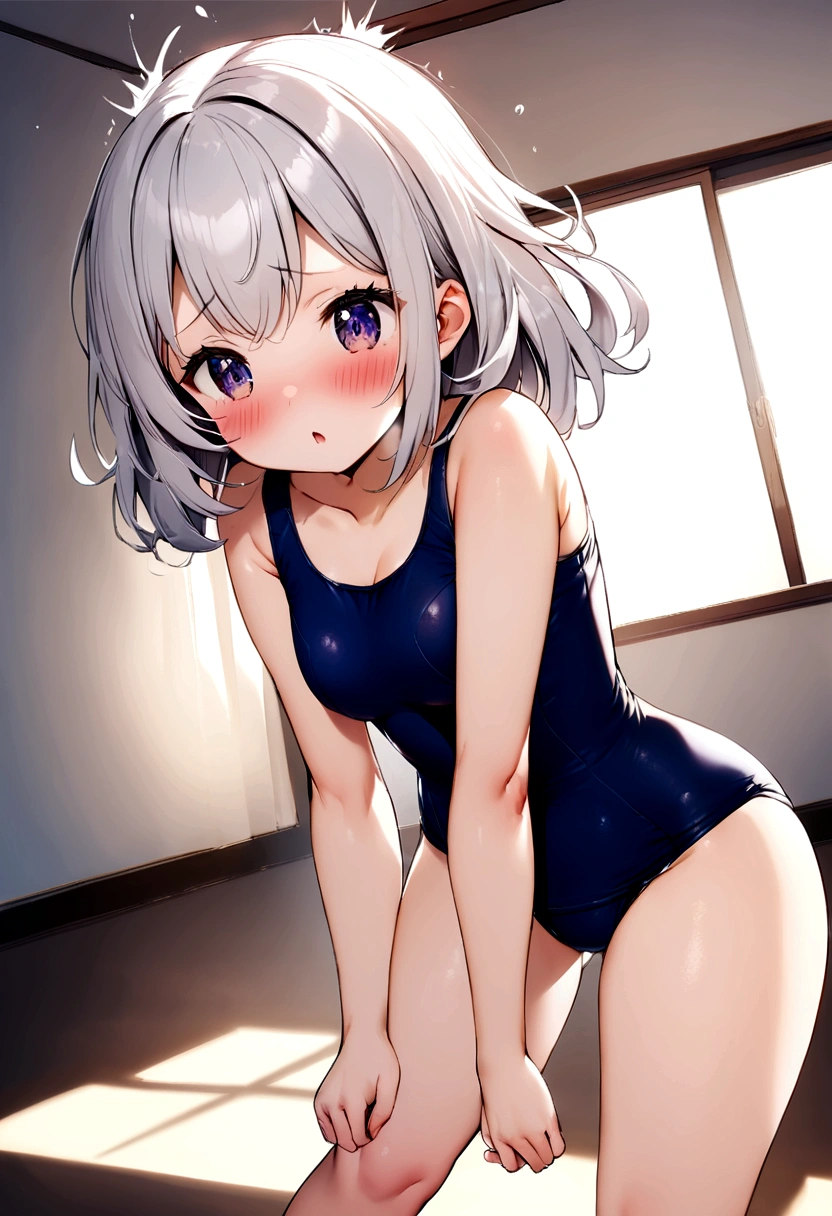 Short white hair, blush, Headbang 2.、cute、Beautiful woman、School Swimsuit、