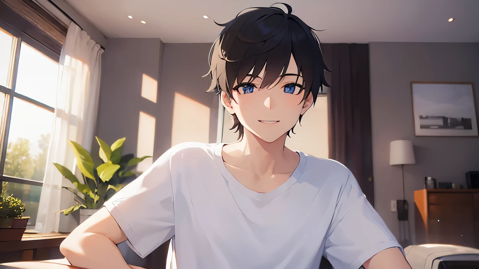 (25-year-old male:1.5) and (black short hair) and (blue eyes), looking at viewer, side angle, upper body、masterpiece、Highest quality、BREAK (white T shirt)、Are standing、(smile:1.5), The background is the living room、alone