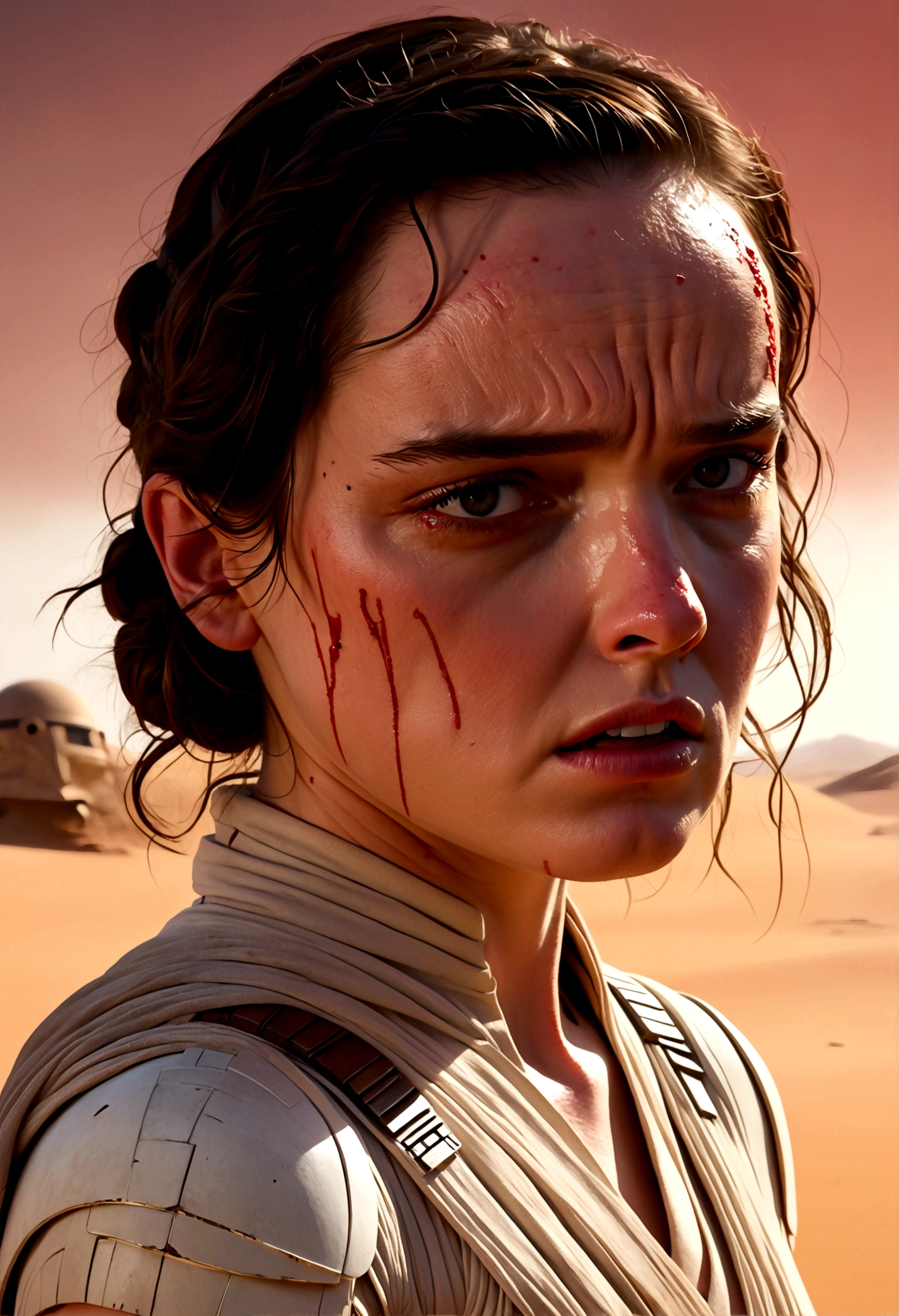 Daisy Ridley as Star Wars Ray, bloody beaten and battered, bandaging her wounds and crying patch over one eye, desert world
