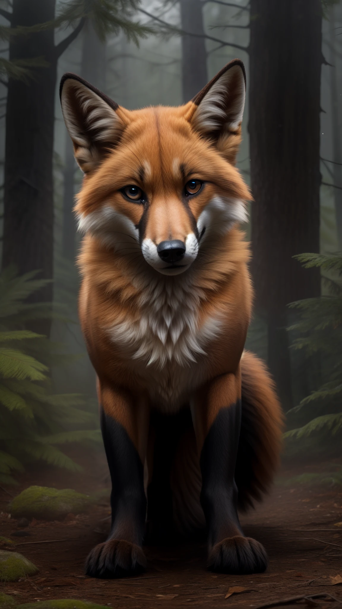 Feral fox male Looking at the viewer,
5 month old puppy, alone in the forest,