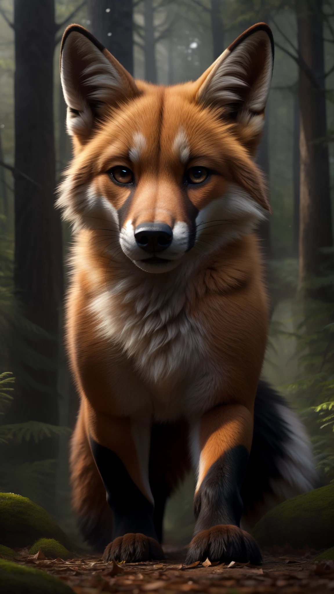 Feral fox male Looking at the viewer,
5 month old puppy, alone in the forest,