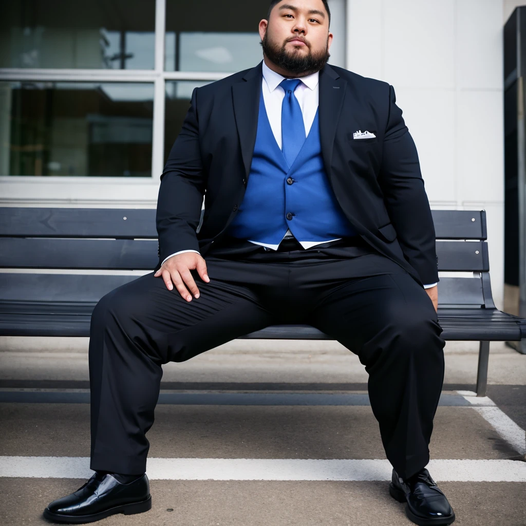 big, Fat Japanese man in a suit、whole body、office、Thick legs、Thick arm muscles、Intimidating、short hair、Kind Face、Long sleeve black jacket、Black trousers、Tight arm circumference、Long trousers、Tight suspension、Blue tie、tight white shirt、Groin bulge、Shirt tucked into pants、A very good rugby player、Intimidating、Having sex、Shiny black trousers、40 years old、tall