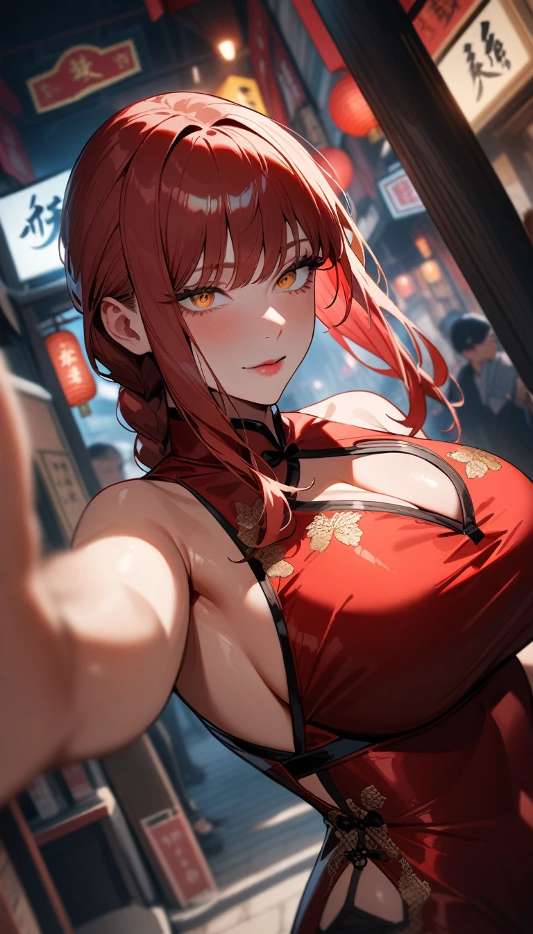 1girl,solo,makima \(chainsaw man\), chainsaw man,super detailed skin,shiny skin,seductive look ,eyelashes,lips gloss,red hair,sidelocks,a braid, large breasts,cleavage cutout,slit,cheongsam,Chinatown ,off-street,from side,from below,masterpiece,best quality,ultra detailed,high resolution,sharp focus