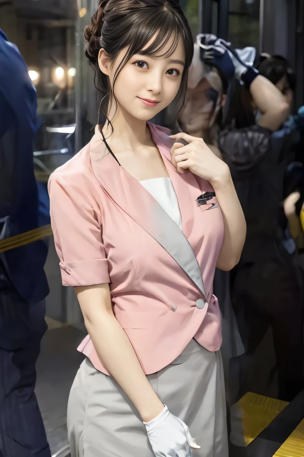 (masterpiece:1.2, Highest quality:1.2), 32K HDR, High resolution, (alone、1 girl)、 (Height: 160cm)、(On the rooftop of a building in the daytime、Professional Lighting)、Building rooftop background、(Nankai train crew uniform pinkを着たリアルスタイル)、(Nankai train crew uniform pink short sleeve collarless pink jacket、Nankai Train Crew Uniform Pink Collarless Short Sleeve Blouse、Nankai Train Crew Uniform Pink Grey Knee-length Culottes)、Dark brown hair、(Hair tied up、Hair tied up、Evening curly hairstyle)、Dark brown hair、Long Shot、Big Breasts、Thin legs、((Great hands:2.0)),((Harmonious body proportions:1.5)),((Normal limbs:2.0)),((Normal finger:2.0)),((Delicate eyes:2.0)),((Normal eyes:2.0)))、smile、(Nankai Train Crew Uniform Pink Grey Knee-length Culottesを見せた美しい歩く姿)、Place your hands around your stomach、Lanyard employee ID card