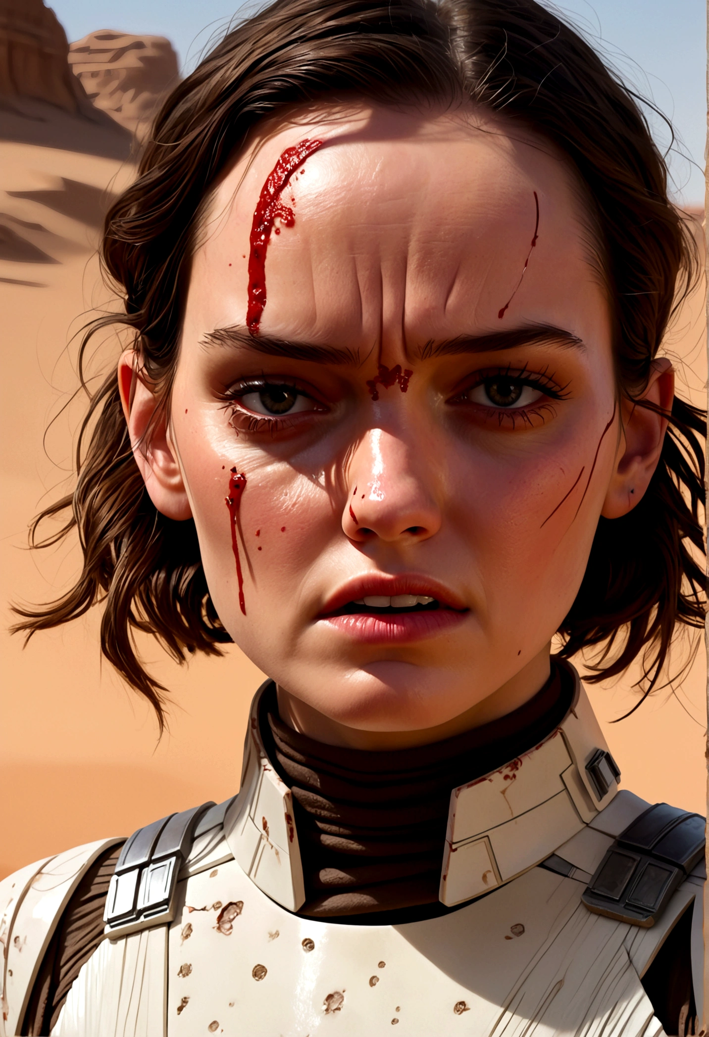 Daisy Ridley as Star Wars Ray, bloody beaten and battered, bandaging her wounds and crying patch over one eye, desert world