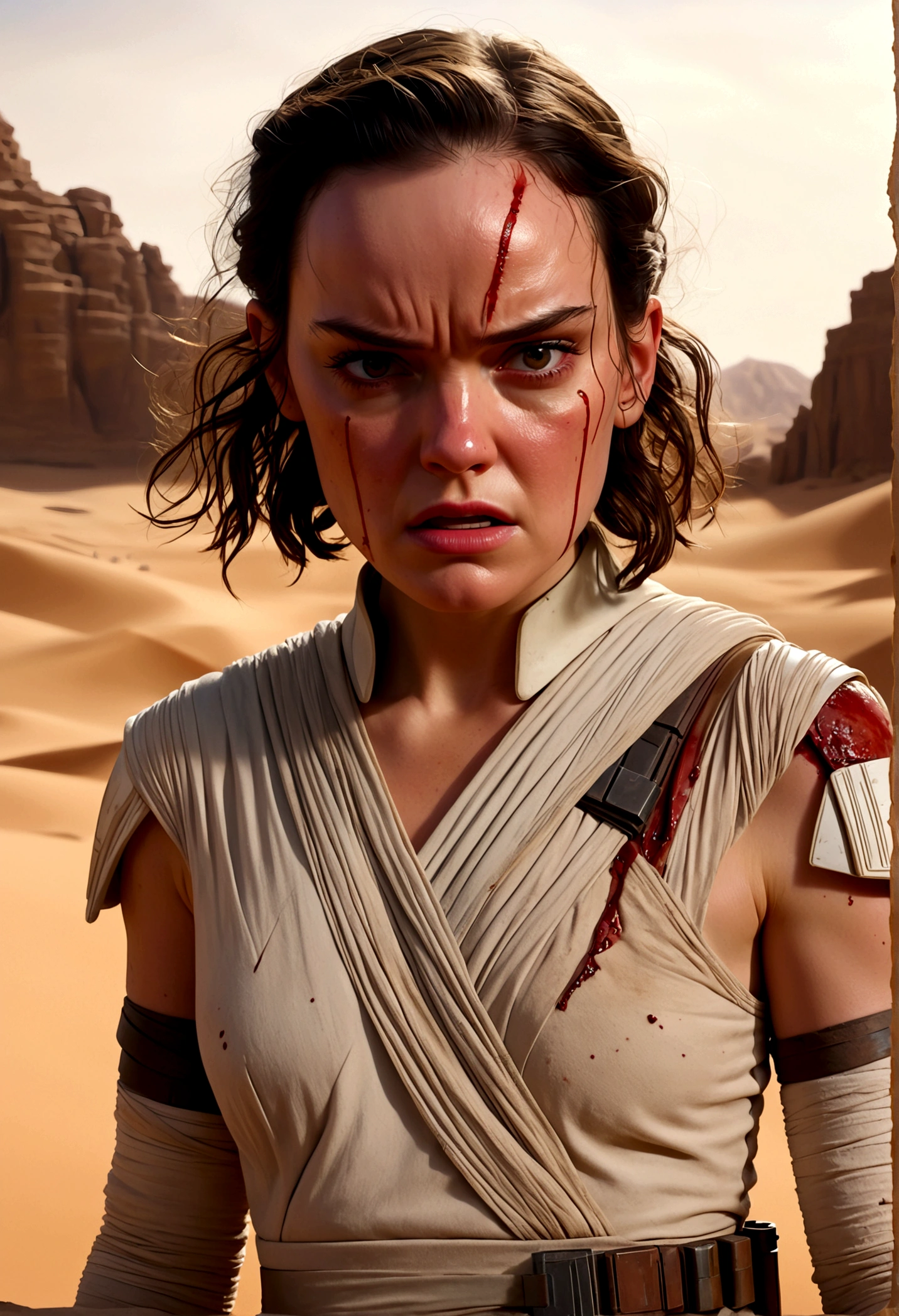 Daisy Ridley as Star Wars Ray, bloody beaten and battered, bandaging her wounds and crying patch over one eye, desert world