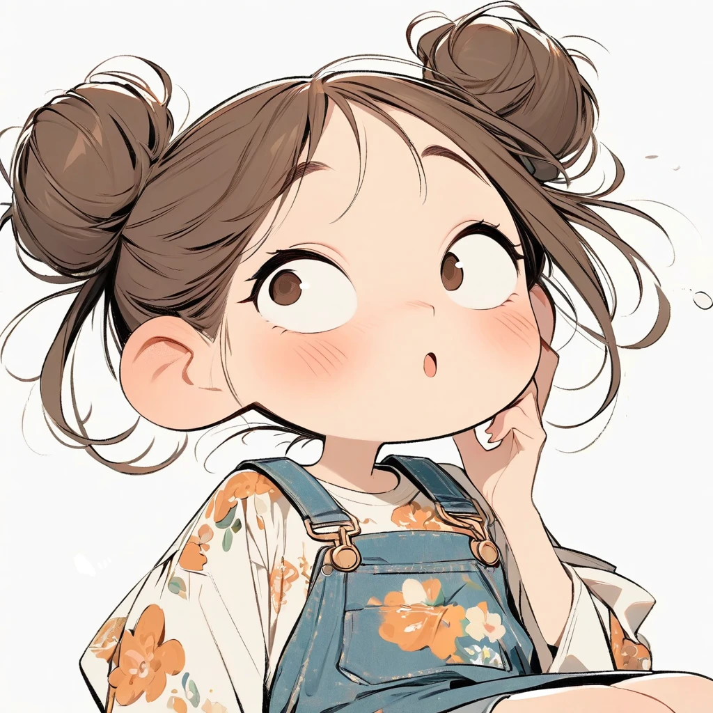 (masterpiece, best quality:1.2), cartoonish character design。Pure white background,1 girl chatting on her mobile phone, big eyes,cute expression,Two hair buns,Floral shirt,Overalls,White sneakers,stand,interesting,interesting,clean lines