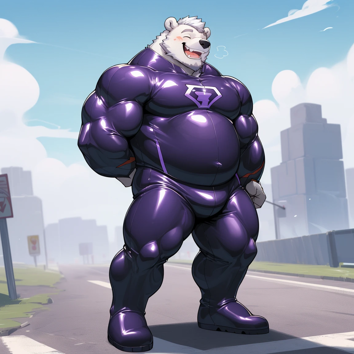 masterpiece, best quality, 8k resolution, Very detailed, hairy,(((polar bear)),(((Mature))),(((beard))),(((Strong))),(((White hair all over body))),(((portrait))),(((White hair))),(((Roadside))),For the audience,(((Purple gel coat))),(((Tight rubber suit))),Highest quality scene,Solitary,solitary,(((whole body))),(((Bare teeth))),(((Hands behind your back))),(((With eyes closed))),(((Standing with legs apart))),(((Laughing))),((Fat-enclosed muscle)),(((Round face))),(((alone))),(((Strong body))),(((Hip bulge))),(((huge))),(((Super hero))),(((Long legs))),