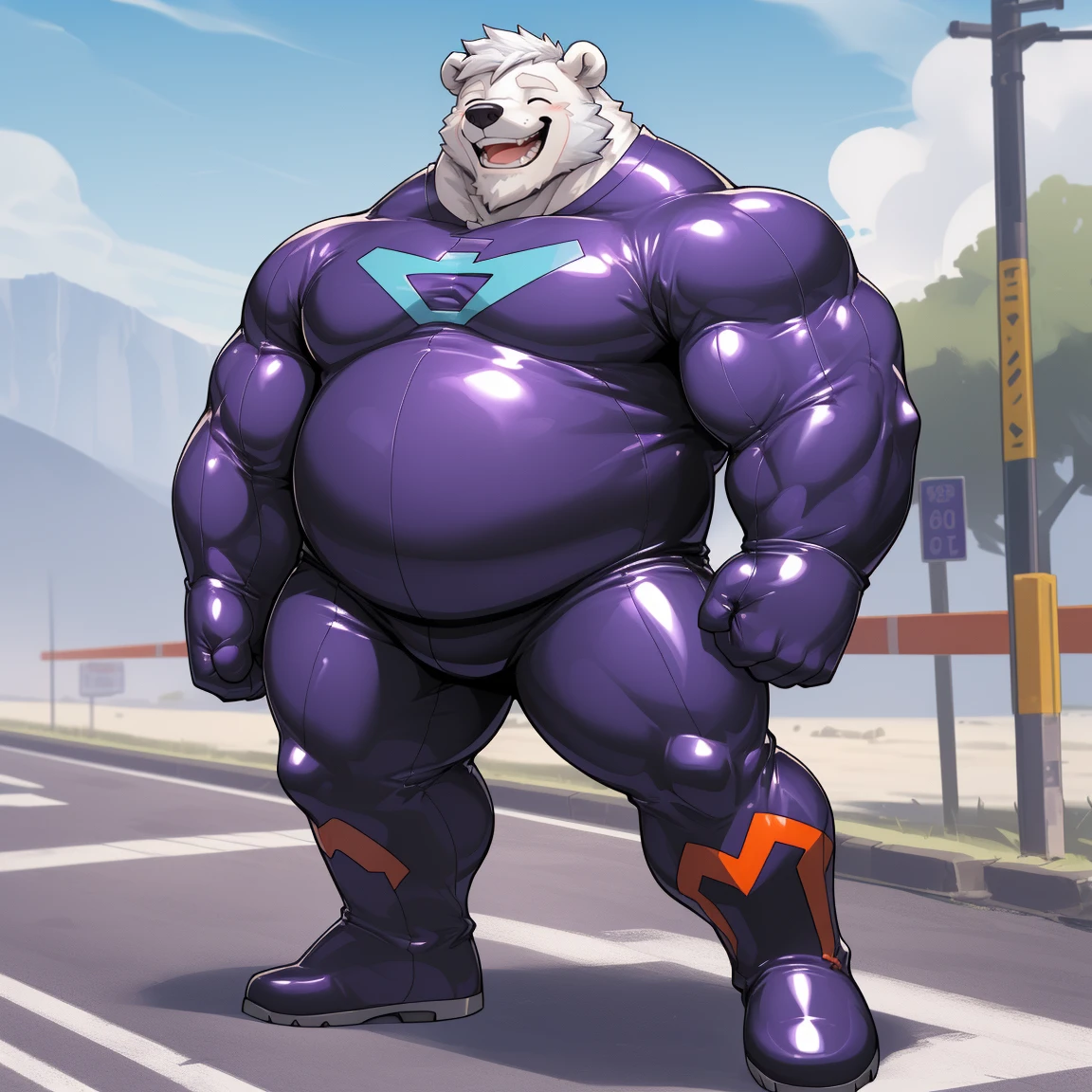 masterpiece, best quality, 8k resolution, Very detailed, hairy,(((polar bear)),(((Mature))),(((beard))),(((Strong))),(((White hair all over body))),(((portrait))),(((White hair))),(((Roadside))),For the audience,(((Purple gel coat))),(((Tight rubber suit))),Highest quality scene,Solitary,solitary,(((whole body))),(((Bare teeth))),(((Hands behind your back))),(((With eyes closed))),(((Standing with legs apart))),(((Laughing))),((Fat-enclosed muscle)),(((Round face))),(((alone))),(((Strong body))),(((Hip bulge))),(((huge))),(((Super hero))),(((Long legs))),