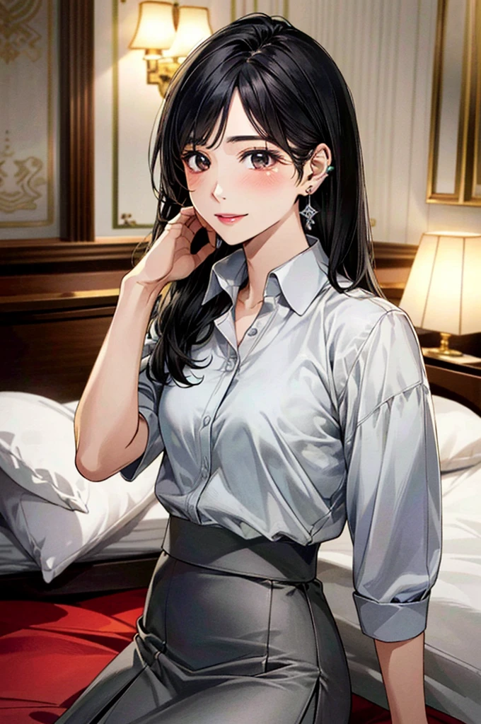 (masterpiece:1.3, Highest quality, Ultra-high resolution, Super detailed), (Realistic, photoRealistic:1.4), Beautiful illustrations, Perfect lighting, colorful, Depth of written boundary, Beautiful detailed hair, Beautifully detailed face, Beautiful fine details, Beautiful clavicle, Beautiful body, 美しいLarge Breasts, Beautiful thighs, Beautiful feet, Beautiful fingers, View Viewer、Front view:0.6, Beauty1人, Japanese, Beauty、30 years old, Perfect Face, (Perfect Anatomy, Anatomically correct), Cute and symmetrical face, , , Shiny skin, (Collared shirt:1.4), (Grey long skirt:1.5)、 (Black Hair, Medium Straight Hair:1.4), Dark brown eyes, Large Breasts, Slim body, necklace, (Small earrings:1.3), (Beautiful views), (night), (Hotel Rooms、bed), (bedで横になっている:1.4), A soft smile、(Smile, Lips parted),