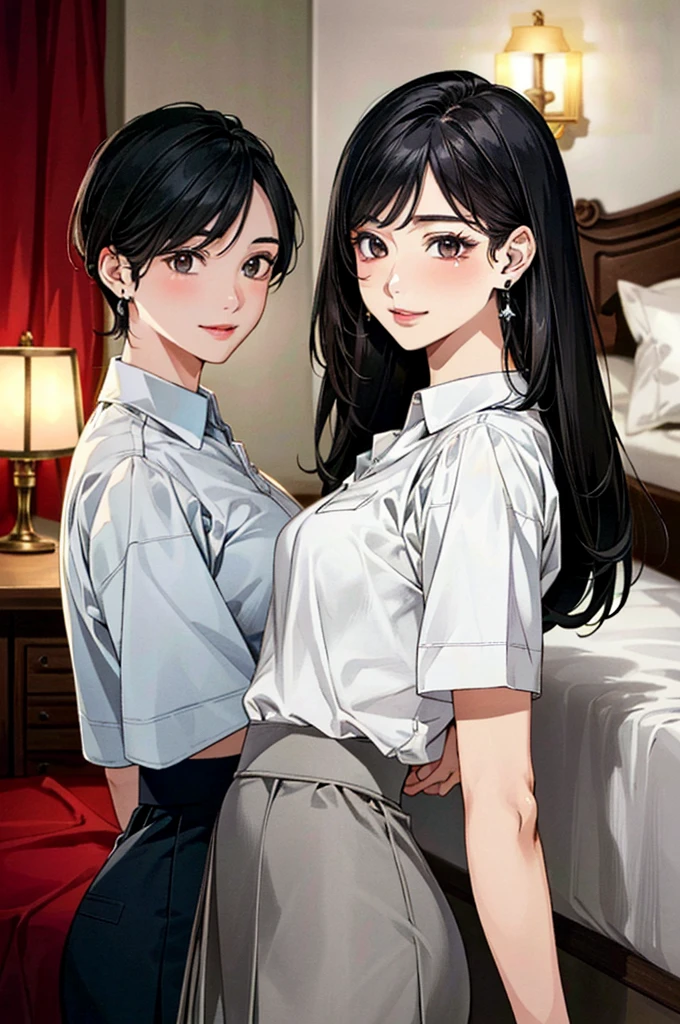 (masterpiece:1.3, Highest quality, Ultra-high resolution, Super detailed), (Realistic, photoRealistic:1.4), Beautiful illustrations, Perfect lighting, colorful, Depth of written boundary, Beautiful detailed hair, Beautifully detailed face, Beautiful fine details, Beautiful clavicle, Beautiful body, 美しいLarge Breasts, Beautiful thighs, Beautiful feet, Beautiful fingers, View Viewer、Front view:0.6, Beauty1人, Japanese, Beauty、30 years old, Perfect Face, (Perfect Anatomy, Anatomically correct), Cute and symmetrical face, Baby Face, , Shiny skin, (Collared shirt:1.4), (Grey long skirt:1.5)、 (Black Hair, Medium Straight Hair:1.4), Dark brown eyes, Large Breasts, Slim body, necklace, (Small earrings:1.3), (Beautiful views), (night), (Hotel Rooms、bed), (bedで横になっている:1.4), A soft smile、(Smile, Lips parted),