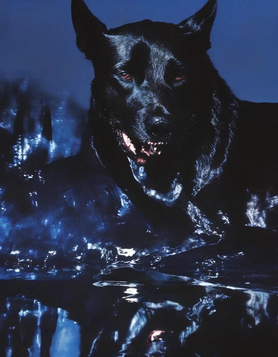 fashion shoot of giant black dog in darkness at night, blue background