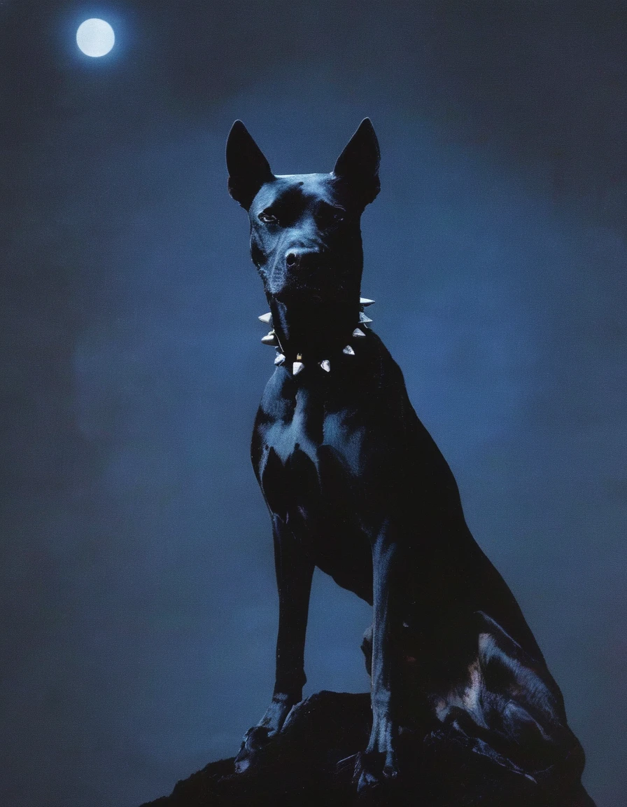 fashion shoot of giant black dog in darkness at night, blue background