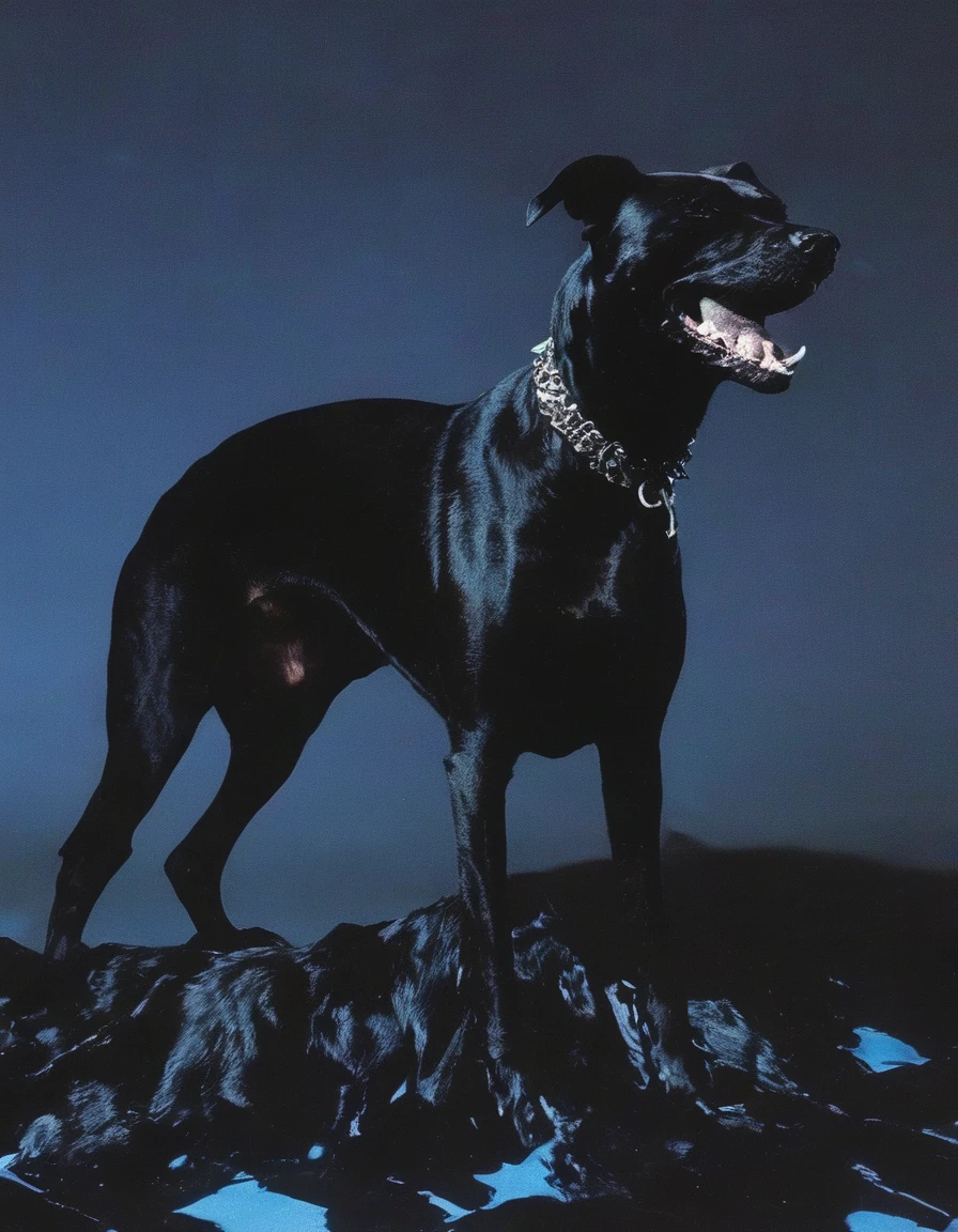 fashion shoot of giant black dog  in darkness  at night, blue background