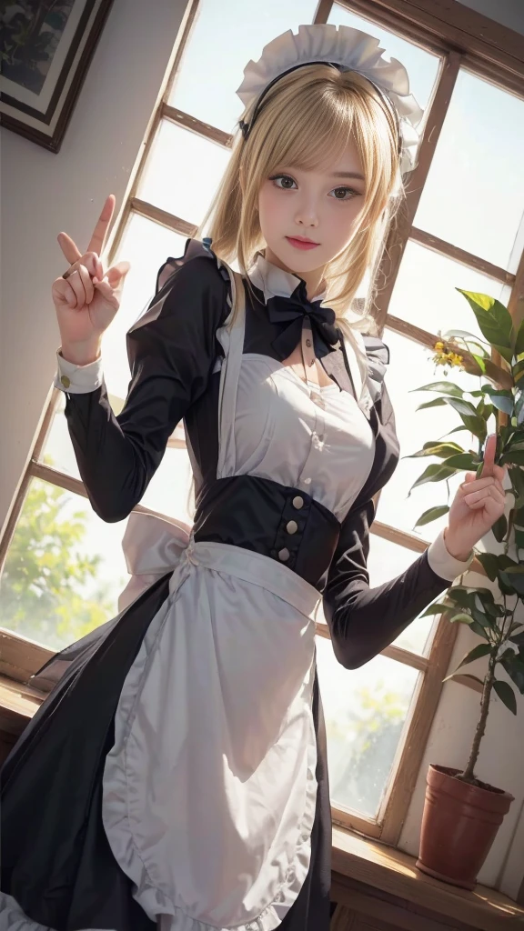 anime character dressed in Maid outfit standing in front of a window, anime girl in a Maid costume, Maid outfit, gorgeous Maid, Maid, Beautiful and detailed anime art, Maid dress, anime cat girl in a Maid costume, loli in dress, a Maid in a magical forest, Catboy Cosplay! Maid! dress, From Girls Frontline, wearing Maid uniform, (((Holding up the middle finger:1.2, Fuck sign:1.2))), (Detailed hands and fingertips:1.1), (Detailed eyes and face:1.2), (Perfect Anatomy:1.2), (Blonde Hair:1.2), Beautiful breasts, flower pot, ribbon, (Beautiful Face, Baby Face:1.2, Idol Face), Slender body line, Small and slender figure, (Highest quality, 8k, masterpiece:1.2), Ultra-detailed, (Reality:1.4), Narrow waist