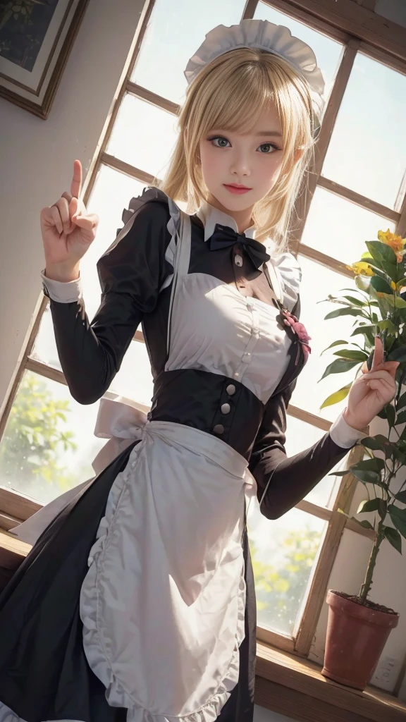 anime character dressed in Maid outfit standing in front of a window, anime girl in a Maid costume, Maid outfit, gorgeous Maid, Maid, Beautiful and detailed anime art, Maid dress, anime cat girl in a Maid costume, in dress, a Maid in a magical forest, Catboy Cosplay! Maid! dress, From Girls Frontline, wearing Maid uniform, (((Holding up the middle finger:1.2, Fuck sign:1.2))), (Detailed hands and fingertips:1.1), (Detailed eyes and face:1.2), (Perfect Anatomy:1.2), (Blonde Hair:1.2), Beautiful breasts, flower pot, ribbon, (Beautiful Face, Baby Face:1.2, Idol Face), Slender body line, Small and slender figure, (Highest quality, 8k, masterpiece:1.2), Ultra-detailed, (Reality:1.4), Narrow waist