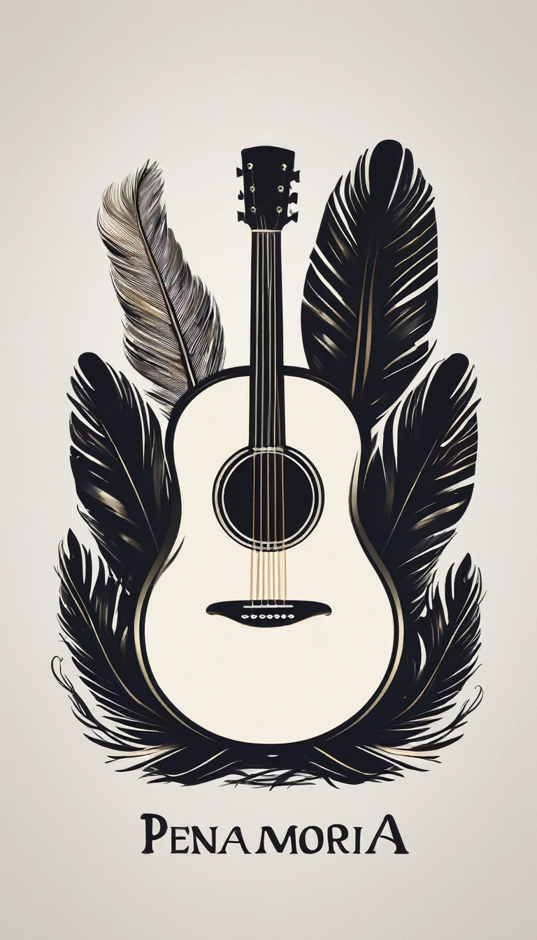 A minimal, modern, simple, cinematic logotype for the brand “Penamemoria". The logotype must be a simple, magical feather and a boy playing acoustic guitar. The logo must convey a sense of music, stories and dreams. Logo design impressed on a book cover. Minimalistic logo