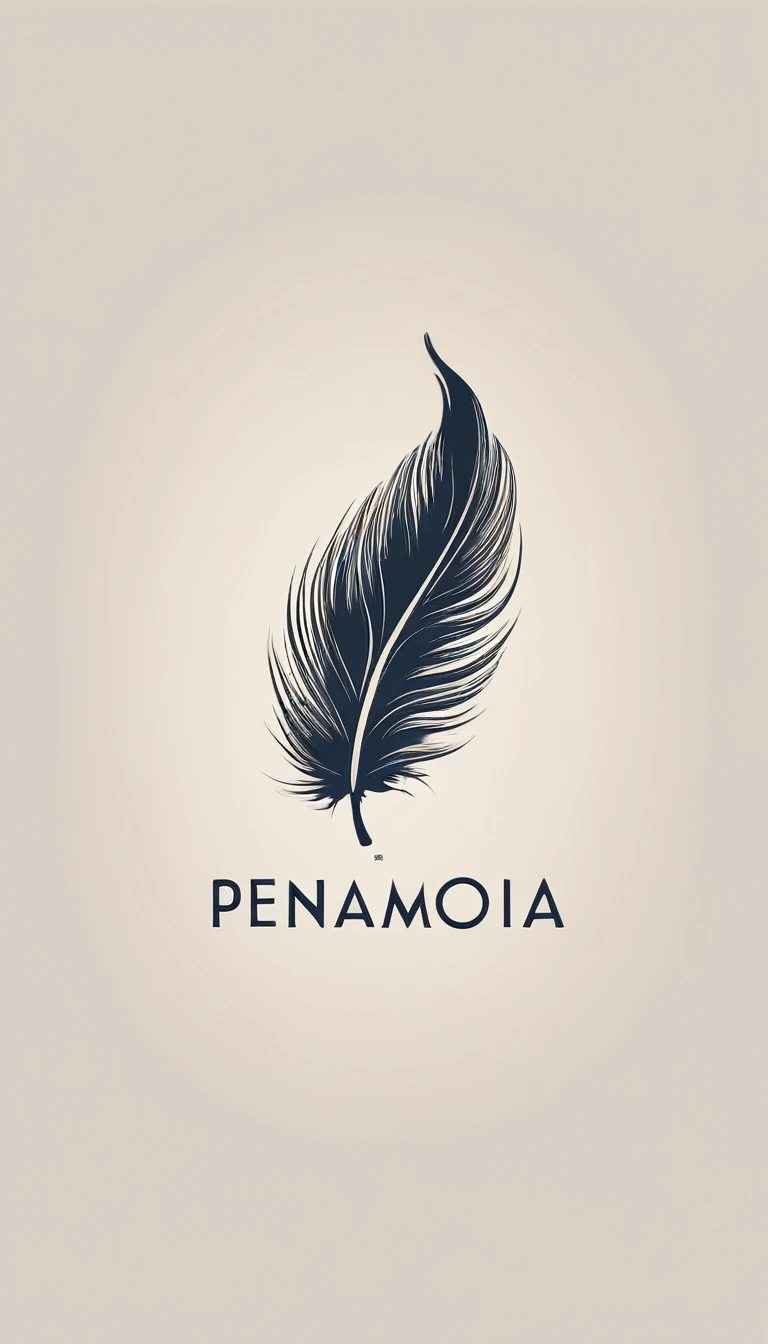 A minimal, modern, simple, cinematic logotype for the brand “Penamemoria". The logotype must be a simple, magical feather and a boy playing acoustic guitar. The logo must convey a sense of music, stories and dreams. Logo design impressed on a book cover. Minimalistic logo