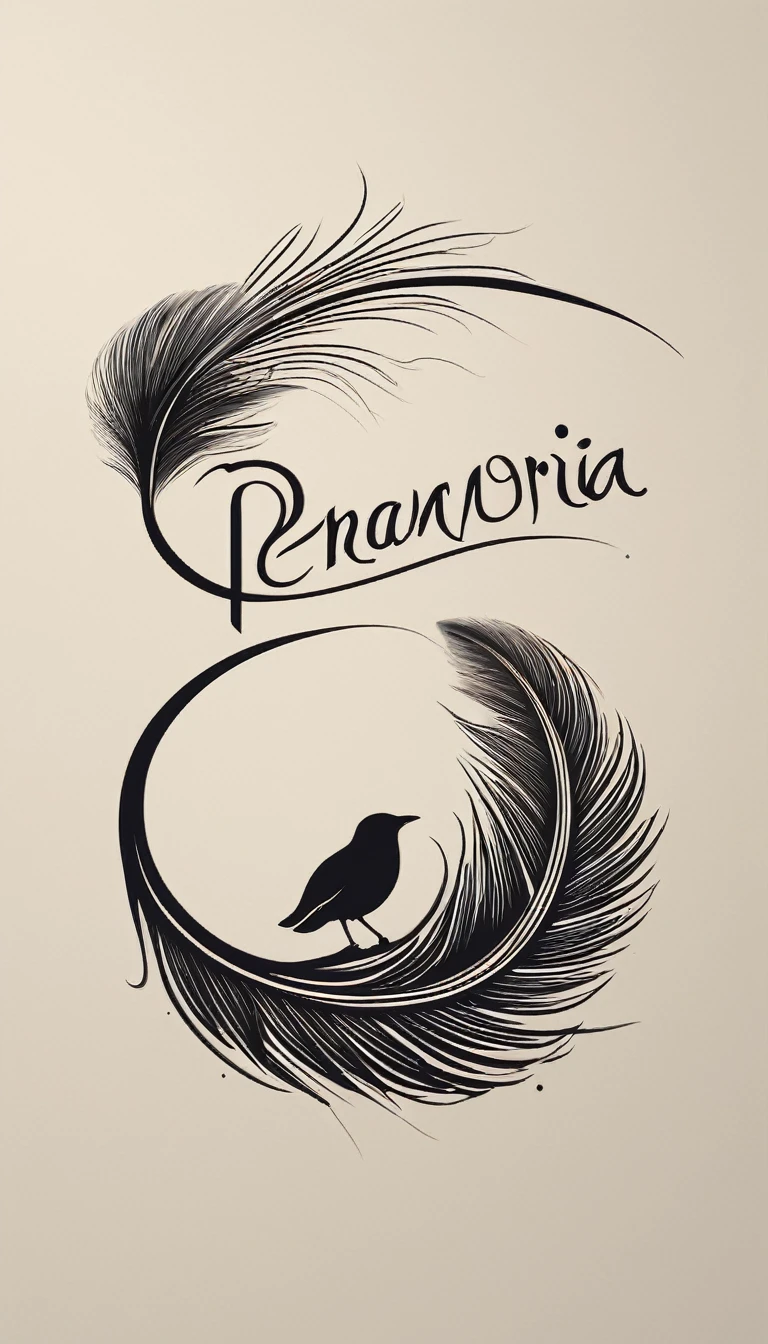 A minimal, modern, simple, cinematic logotype for the brand “Penamemoria". The logotype must be a simple, magical feather and a boy playing acoustic guitar. The logo must convey a sense of music, stories and dreams. Logo design impressed on a book cover. Minimalistic logo