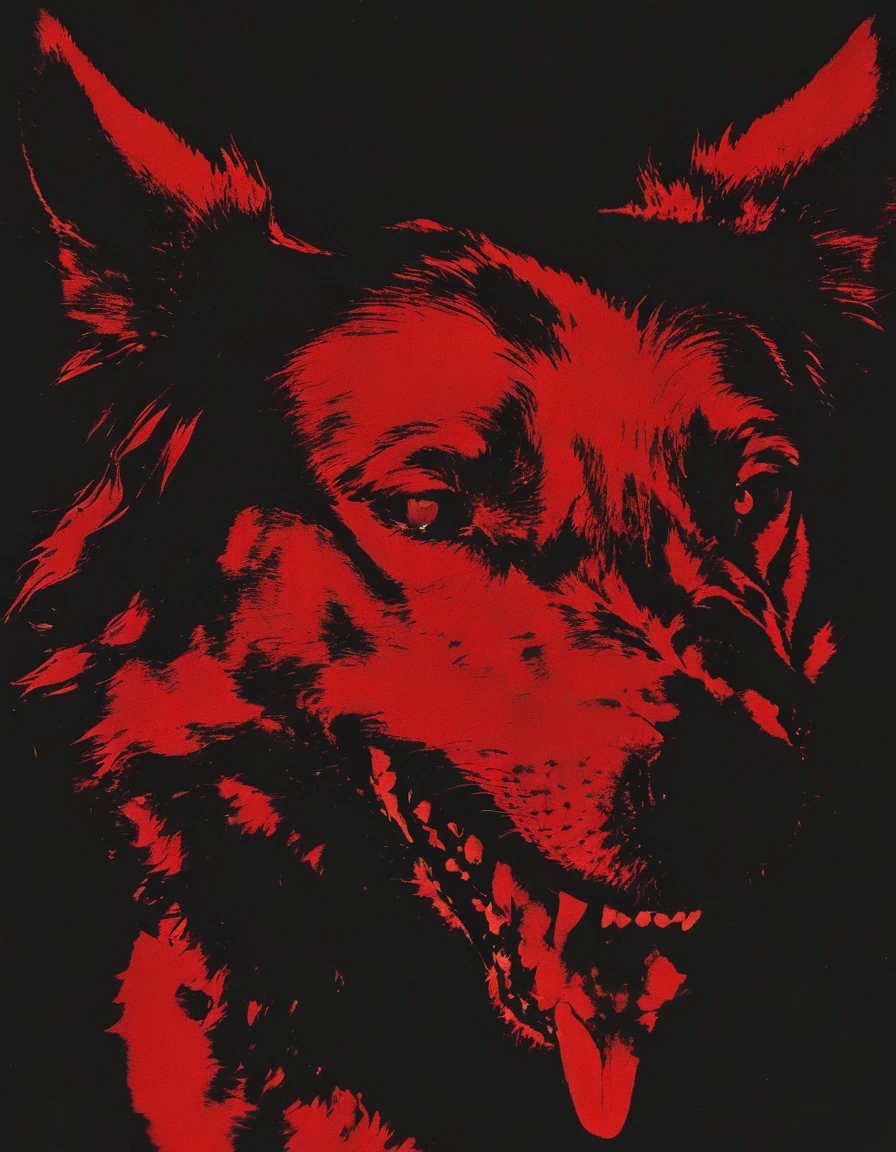 fashion shoot of giant black dog in darkness at night, red background