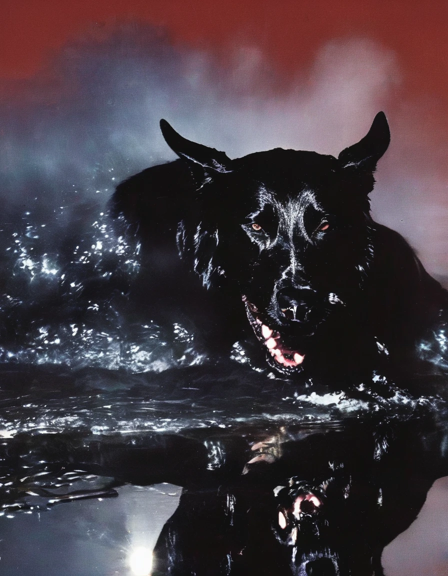 fashion shoot of giant black dog in darkness at night, red background