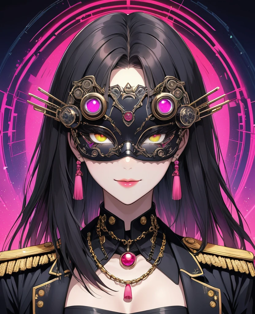 (Digital Illustration,Detailed anime style,Heavy Metal Cyberpunk,Pearl tassel eye mask,Girl wearing eye mask,Solitary,symmetry),(Big colorful eyes,Fashionable and exquisite facial features,Exquisite makeup,Smooth skin,Smile,Soulful gaze,),(Straight Hair,Hairpin),(Black suit,Epaulettes-Chain,cool,),(((Correct human anatomy))),Radioactive geometric dynamic light wave background