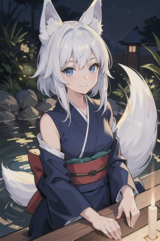 A masterful, photorealistic portrait of a beautiful young female kid with striking white hair, fox ears, blue eyes and a fox tail, sitting in an onsen (hot spring) scene at night, wearing a traditional Japanese kimono, smiling softly with a serene expression, bathed in ambient lighting, viewed from an upper body perspective.