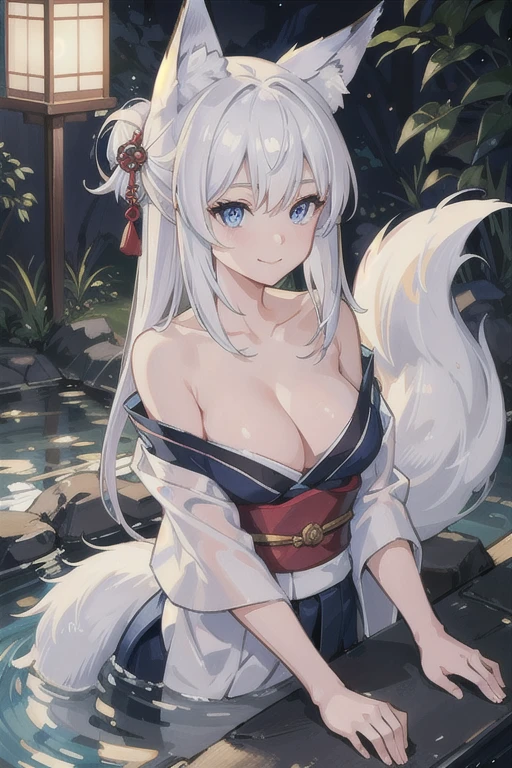 A masterful, photorealistic portrait of a beautiful young female kid with striking white hair, fox ears, blue eyes and a fox tail, sitting in an onsen (hot spring) scene at night, wearing a traditional Japanese kimono, smiling softly with a serene expression, bathed in ambient lighting, viewed from an upper body perspective.