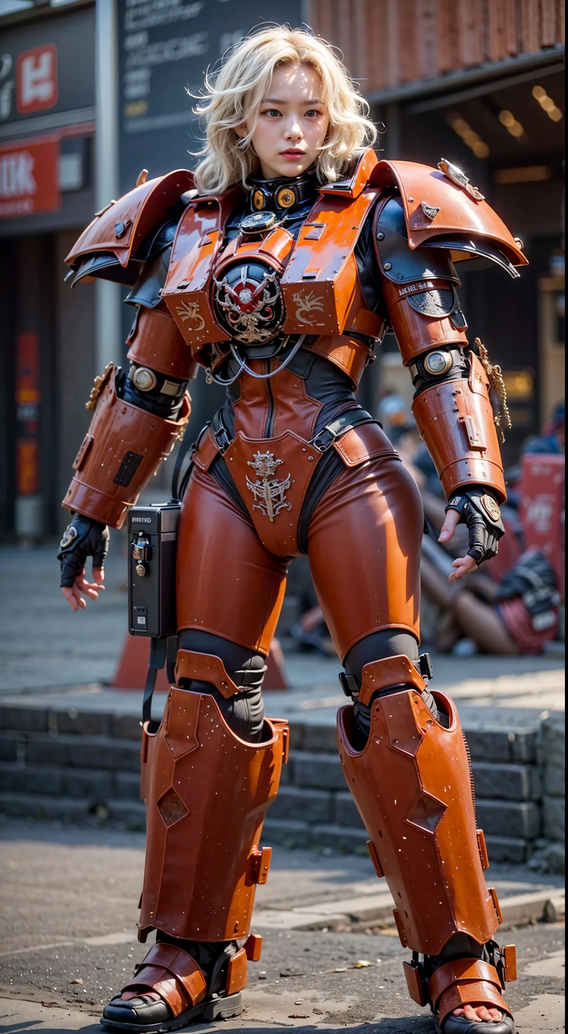 Dystopian night scene, very intricate details, Japanese woman wearing model-like armor, beautiful face, legs, cylinders that look like muscles, pose in motion, 8k, ultra high resolution, super realism, realistic photo, taken with Fuji film X-T30.+Nokton. HDR10