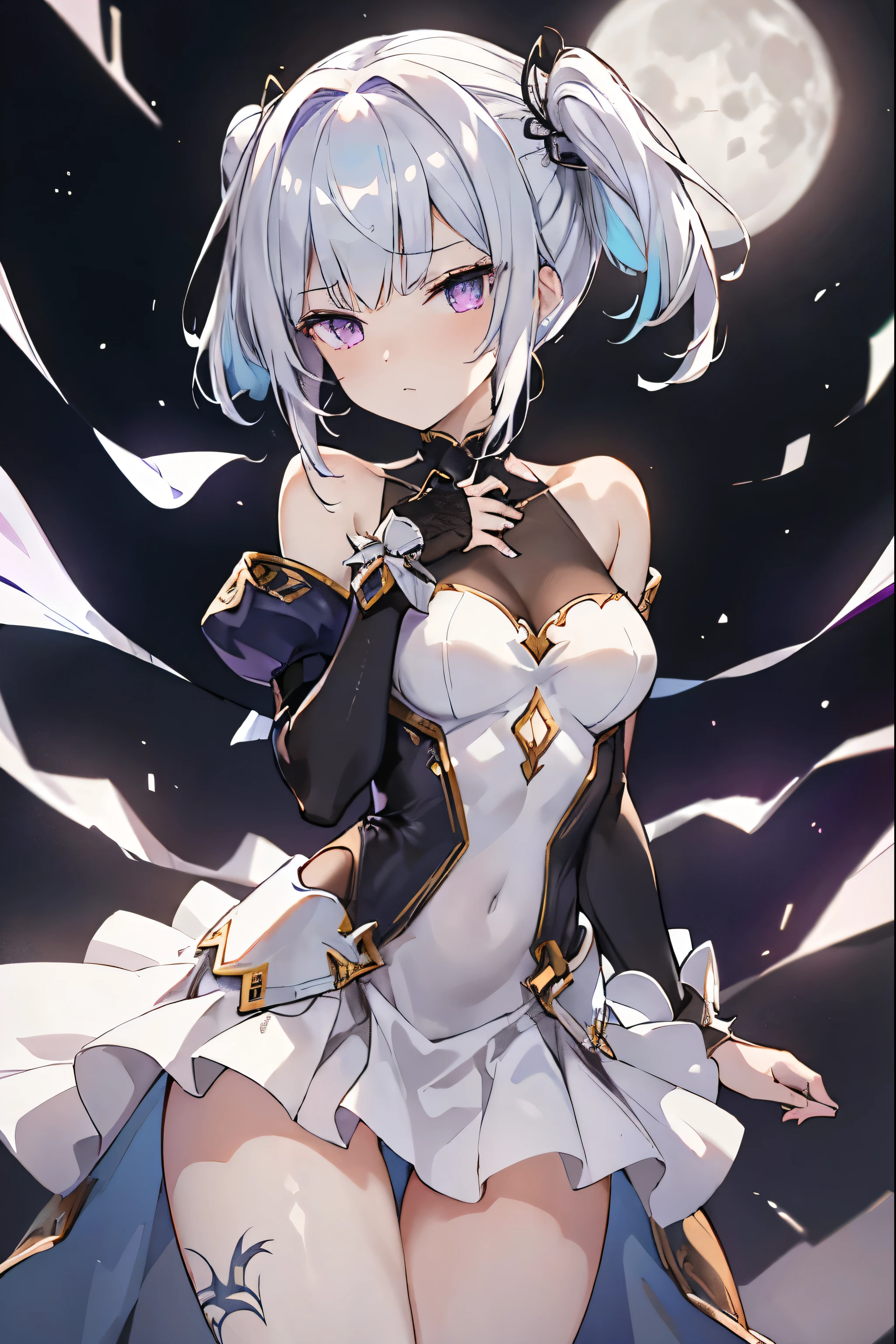 1girl, anime, cute girl, blank background, white background, fantasy, detailed fantasy dress with highlights, beautiful face, beautiful eyes, dark colors, black hair with multicolor streaks, red eye with different color pupil in eye, multicolor eye, medium breasts, slight cleavage, beautiful skin, cute, breast curtains, extremely delicate and beautiful, (beautiful detailed face:1.0), (detailed deep eyes), symmetrical breasts, deep eyes, shiny skin, portrait, slender waist, hips wider than shoulders, thighs, expressionless, young girl, luminous eyes, adorable,(Kpop idol),(aegyo sal:1),(Platinum blonde hair:1),((puffy eye)),Black panty,sexy posture,Superskirt, Ultra-high resolution,Black collar,slim figure, Abdominal y tattoo, womb tattoo,Tight-fitting leg ring,y tattoo on half-body,Bare skin, Armored hand,Hidden fingertips,Hand covered,Arm covered,Fist covered,{{beautiful detailed fingers}}, tufts of hair, moderate beautiful breast:1.0,(masterpiece:1.2), best quality, high-res, HDR, perfect face, intricate armor, delicate blue filigree, intricate filigree, red metalic parts, detailed part, dynamic pose, dynamic lights, cute face, neutral expression, shuimobysim, lotus, hanfu, maxi skirt, dress conservatively 1girl, solo, long blue hair, standing, One lady,14years,((White hair) ,(Shiny purple bodysuit with microskirt),((Fantasy, Moon Night)), gradient_eyes,
