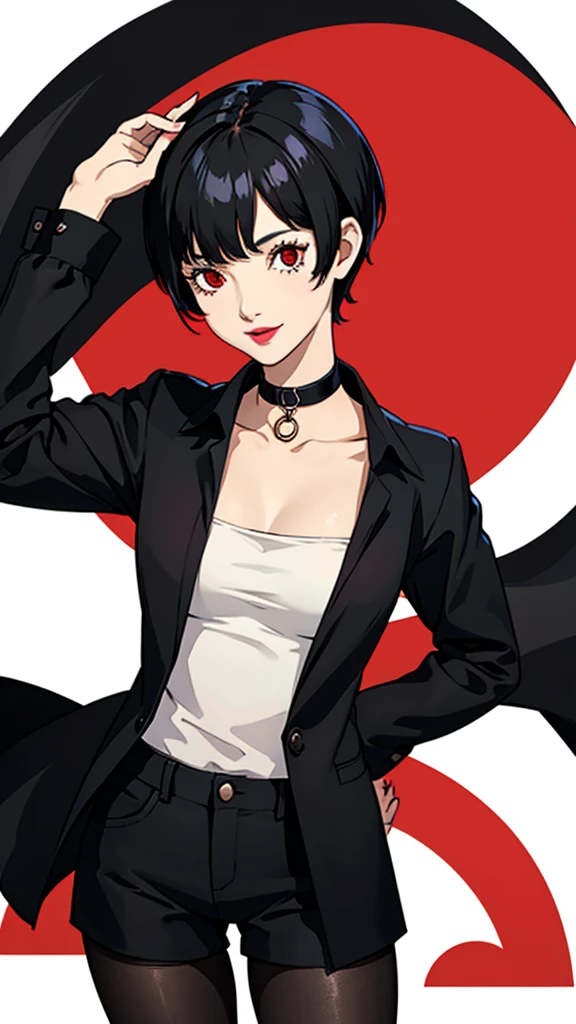 1 girl, Red eyes, very Short hair, black choker, lipstick, smile, black hair, female , tomboy Pixie haircut, long shirt, shorts, pantyhose, cowboy shot,