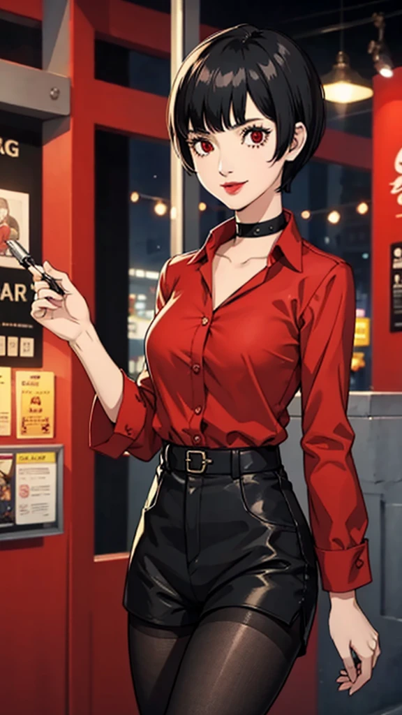 1 girl, Red eyes, very Short hair, black choker, lipstick, smile, black hair, female , tomboy Pixie haircut, long shirt, shorts, pantyhose, cowboy shot,