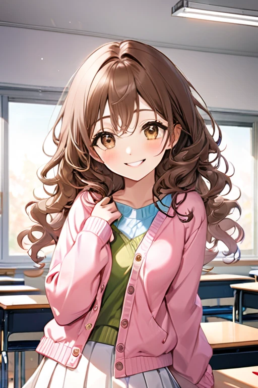 A beautiful young student girl smiling, long brown curls, light brown eyes, white skirt, pink cardigan, in a classroom