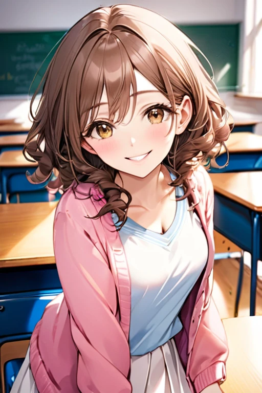 A beautiful young student girl smiling, long brown curls, light brown eyes, white skirt, pink cardigan, in a classroom