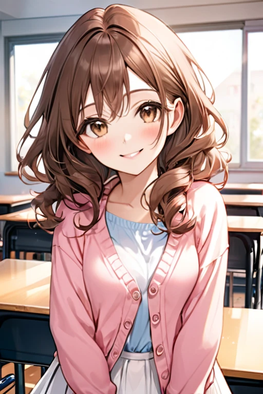 A beautiful young student girl smiling, long brown curls, light brown eyes, white skirt, pink cardigan, in a classroom