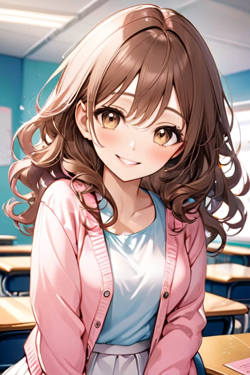 A beautiful young student girl smiling, long brown curls, light brown eyes, white skirt, pink cardigan, in a classroom