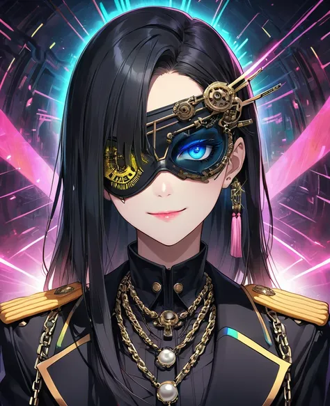 (digital illustration，detailed anime style，heavy metal cyberpunk，pearl tassel eye mask，portrait of girl wearing mask eye patch，s...