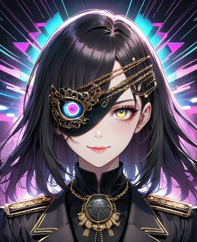 (Digital Illustration，Detailed anime style，Heavy Metal Cyberpunk，Pearl tassel eye mask，Portrait of girl wearing mask eye patch，Solitary，symmetry)，(Big colorful eyes，Fashionable and exquisite facial features，Exquisite makeup，Smooth skin，Smile，Soulful gaze，)，(Straight Hair，Hairpin)，(Black suit，Epaulettes-Chain，cool，)，(((Correct human anatomy)))，，out a hand：1.37.Radioactive geometric dynamic light wave background