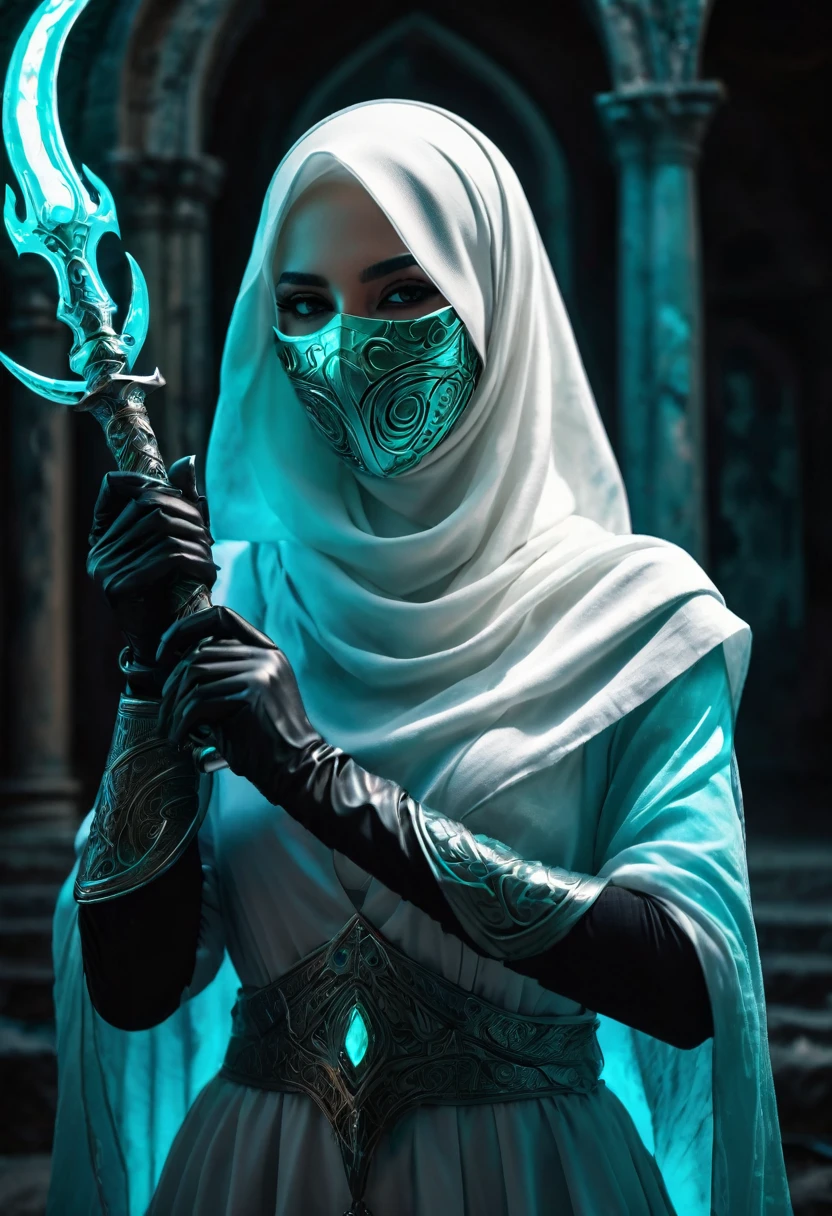 In the ruined broken satanic statue temple, a lone assassin emerges from the shadows. Clad in a white hijab, wear a cyan scarfs as mask, wind effect, she grasps dual daggers adorned with abstract art that shimmers with a mesmerizing cyan neon glow. the cyan aura slowly merging and morphing as serpent aura around her hands. ultra realistic, ultra details, cinematic, dramatic shadow, aura effect, d.o.f photography style,