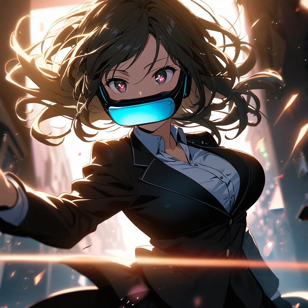 asuka(senran kagura), pov, suits, cool, 1girl, shiny skin, big breasts, cinematic lighting, heart-shaped pupils, white pupils, expressionless, :d, vr headset, action shot, heart shape particle, heart, wind, floating hair