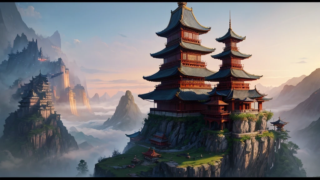 a painting of a mountain with a waterfall and a pagoda, cyberpunk chinese ancient castle, mountain fortress city, mysterious temple setting, andreas rocha style, by Qu Leilei, chinese fantasy, breathtaking fantasy art, a mystical temple, dojo on a mountain, the style of andreas rocha, amazing wallpaper, by Fan Qi, inspired by Andreas Rocha, by Yang J