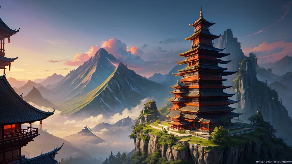 a painting of a mountain with a waterfall and a pagoda, cyberpunk chinese ancient castle, mountain fortress city, mysterious temple setting, andreas rocha style, by Qu Leilei, chinese fantasy, breathtaking fantasy art, a mystical temple, dojo on a mountain, the style of andreas rocha, amazing wallpaper, by Fan Qi, inspired by Andreas Rocha, by Yang J