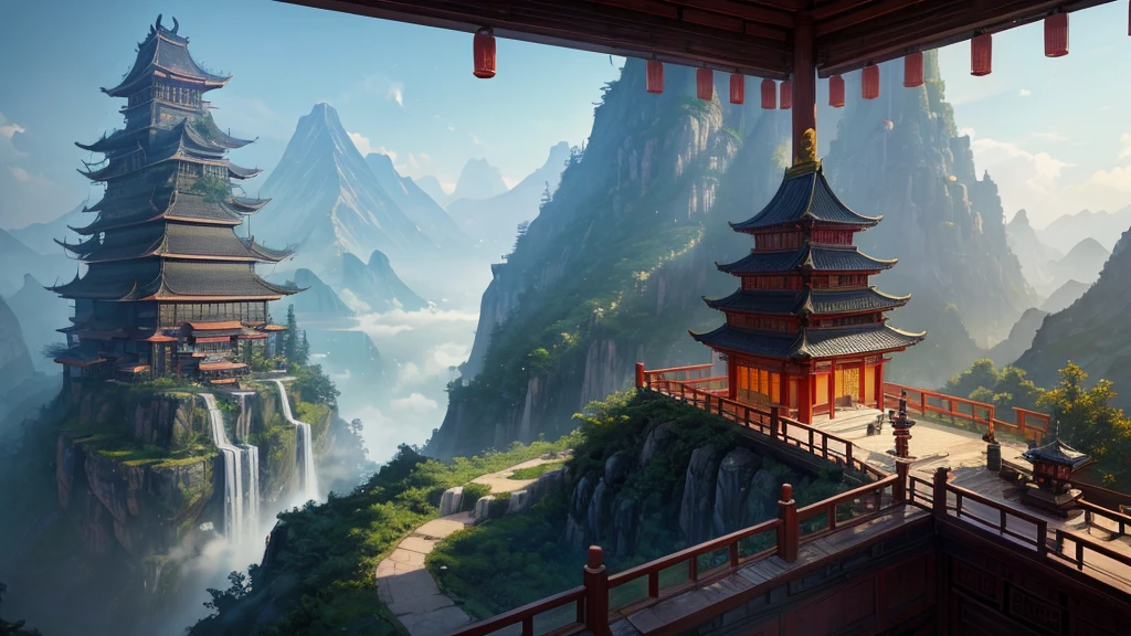 a painting of a mountain with a waterfall and a pagoda, cyberpunk chinese ancient castle, mountain fortress city, mysterious temple setting, andreas rocha style, by Qu Leilei, chinese fantasy, breathtaking fantasy art, a mystical temple, dojo on a mountain, the style of andreas rocha, amazing wallpaper, by Fan Qi, inspired by Andreas Rocha, by Yang J