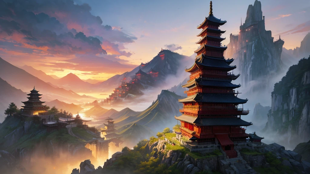 a painting of a mountain with a waterfall and a pagoda, cyberpunk chinese ancient castle, mountain fortress city, mysterious temple setting, andreas rocha style, by Qu Leilei, chinese fantasy, breathtaking fantasy art, a mystical temple, dojo on a mountain, the style of andreas rocha, amazing wallpaper, by Fan Qi, inspired by Andreas Rocha, by Yang J
