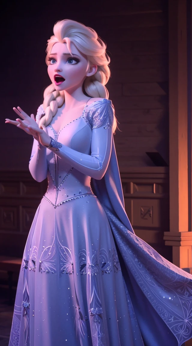 a beautiful woman with long flowing hair singing passionately on a stage, detailed face and expression, intricate dress, stage lights and smoke, dramatic lighting, photorealistic, 8k, best quality, masterpiece
