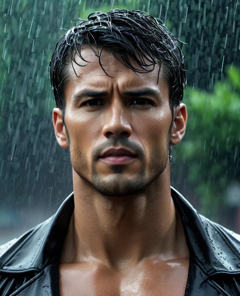 acting(((martial arts superstar)),black pants, realist:1.3,( fotorrealist, 8K, original photo, high quality, masterpiece, epic lights. close up, center image), (prospect),((1 Handsome guy with confident and well-proportioned muscles, post apocalyptic, Guerrero, Rostro y cuerpo perfectamente detallados, (prospect), rain scene, Poor lighting due to rain,(( My face and body were soaked by the rain:1.5)),lightning lighting, dynamic poses, beautiful fine hair, Leather jacket)), ((imaginative scenes)),((perfect, meticulously.:1.3)), ((panoramic: 1.4)), ((best quality )), ((masterpiece)), 3d, (Super detailed: 1.3), ((epic scenery: 1.3)), ((night background: 1.3 ))), (((night:1.2))), ( lifelike: 1.4), ((Front camera)),( (Low-light night cinematic lighting: 1.2)). 32