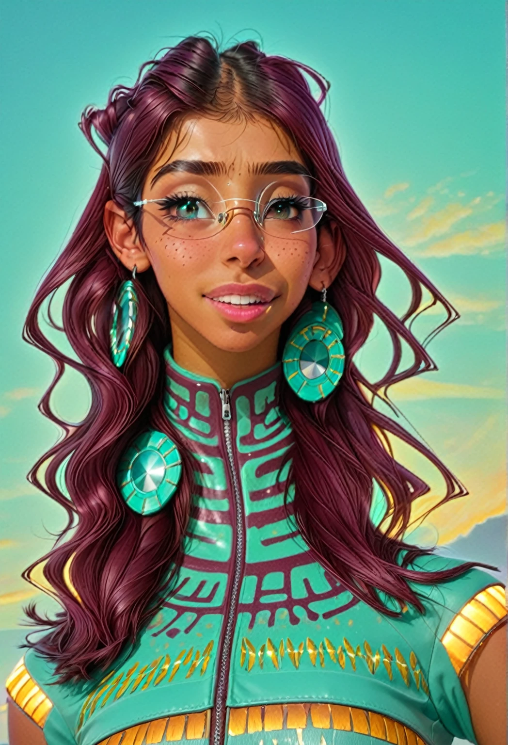 she is in a disco with colored lights reflecting onto her skin, cute girl, latina, button nose, age 23, young. lights on her skin cute indian woman with a button nose, age 23, young. straight hair parted in the middle. Native American style hair, maybe pony tails. beautiful, 1980s hip hop clothing,. maroon leather jacket with many silver zippers. zippers are angled. and shinny. bling bling. sparkling zippers. hair, in a 1970s
2077_Style, glowing earings. futuristic tech glasses, MR glasses. on
beautiful. she is shown from the waist up. Sh is looking aways from the camera. city in the background. she is wearing an Adidas maroon turtle neck, with aqua blue, touquise. three stripes. adidas. posed from the waist up. looking aways from the viewer. freckles smiling with a separate buck teeth.