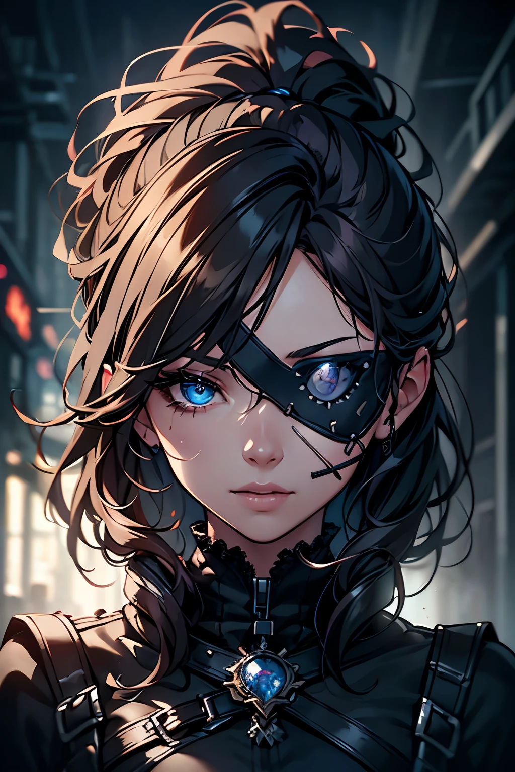 beautiful girl with an eye patch, portrait, high quality, detailed face, beautiful eyes, long eyelashes, detailed clothing, detailed background, realistic, photorealistic, cinematic lighting, dramatic lighting, dark moody atmosphere, vibrant colors, digital painting, concept art