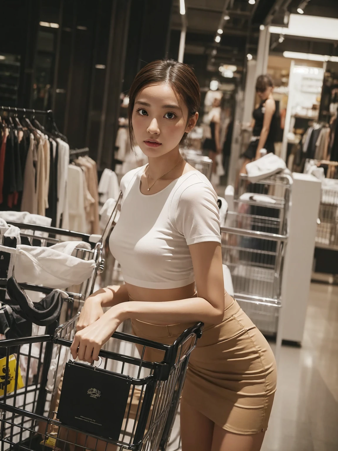 A woman wearing a white bustier shirt and a tan skirt stands next to a shopping cart in a department store.,realistically,Lifelike shadows